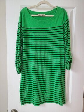 Jones New York Sport Green Striped Long Sleeve Shirt Dress
